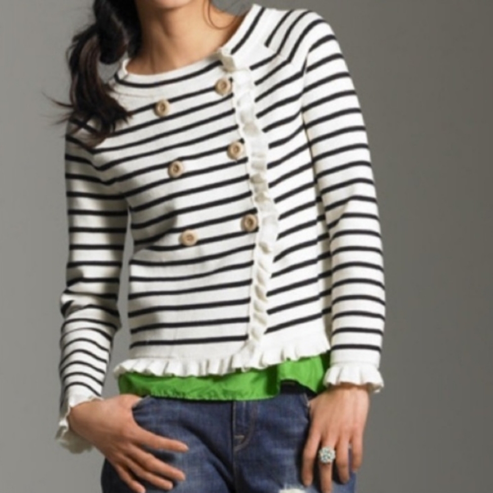 J. Crew Katie Cardigan Striped Ruffle Sweater Size XS Cream Preppy Stripe